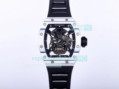 JB Factory Richard Mille RM 052 Tourbillon Skull Watch Titanium Case Skull Skeleton Dial Black Rubber Strap